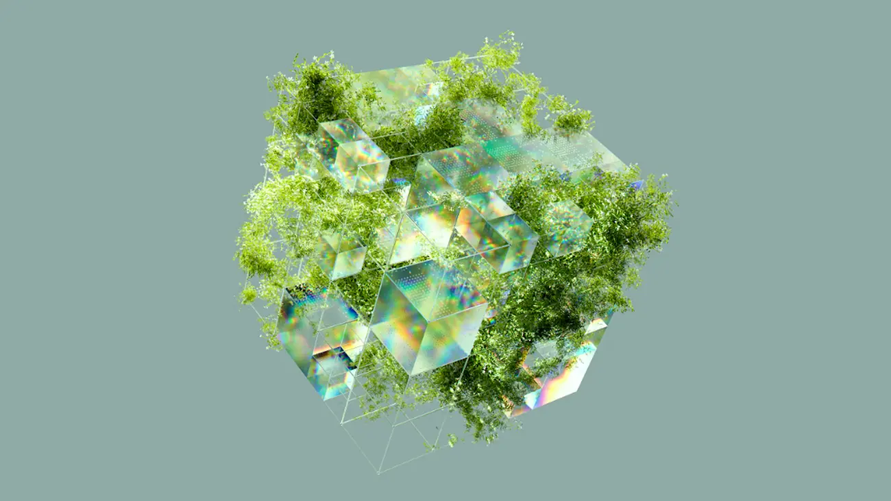 Cubes cristallins irisés entremêlés de végétation, illustration de l’intelligence artificielle appliquée aux enjeux environnementaux.